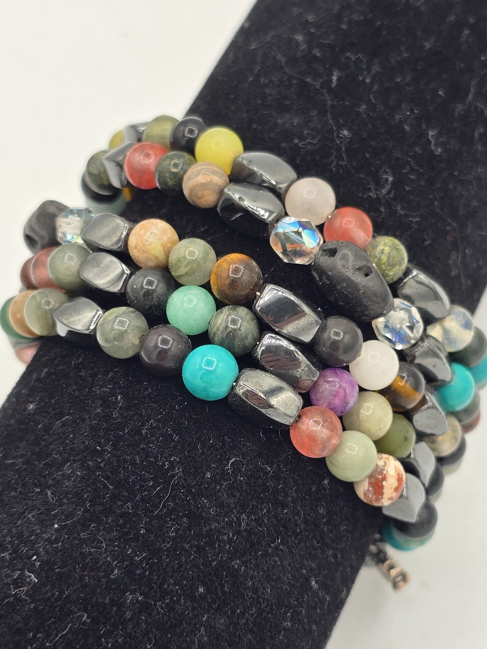 Colorful Gemstone & Hematite Multi-Wrap Memory Wire Bracelet